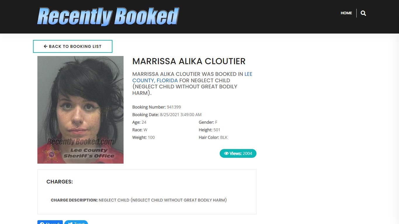 Recent Booking / Mugshot for MARRISSA ALIKA CLOUTIER in Lee County, Florida